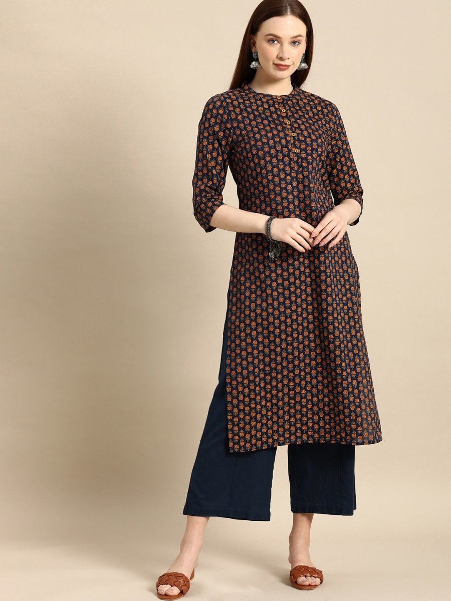 All About You Women Navy Blue & Gold-Toned Ethnic Motifs Printed Regular Kurta | Grocsy