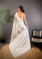 Joban Fashion White Floral Motifs Banarasi Silk Sarees | Grocsy
