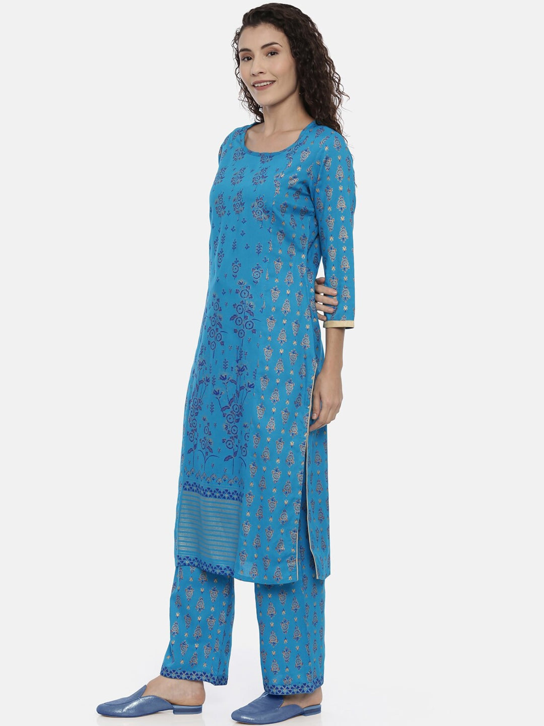 Souchii Turquoise Blue & Gold-Toned Floral Print Kurta with Palazzos | Grocsy