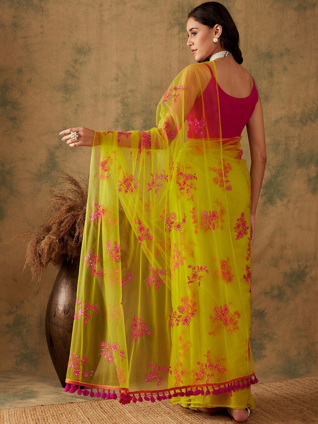 Sangria Floral Embroidered Sequins Details Net Saree | Grocsy