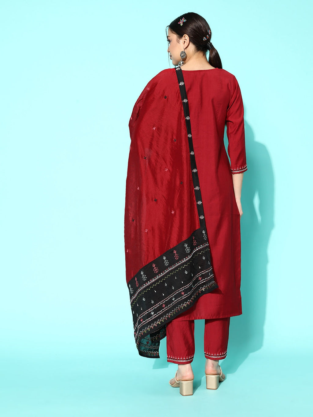 Sangria Women Maroon Ethnic Motifs Embroidered Thread Work Kurta With Trousers & Dupatta | Grocsy