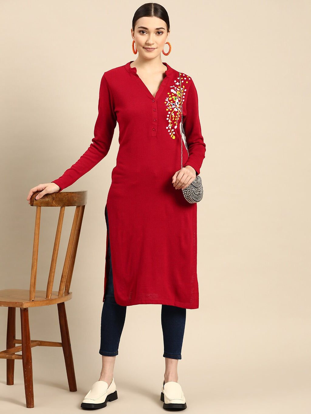Sangria Women Red & White Floral Winter Straight Kurta | Grocsy