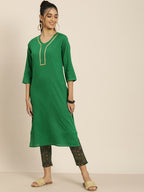 Sangria Women Green Pure Cotton Bandhani Kurta with Trousers | Grocsy