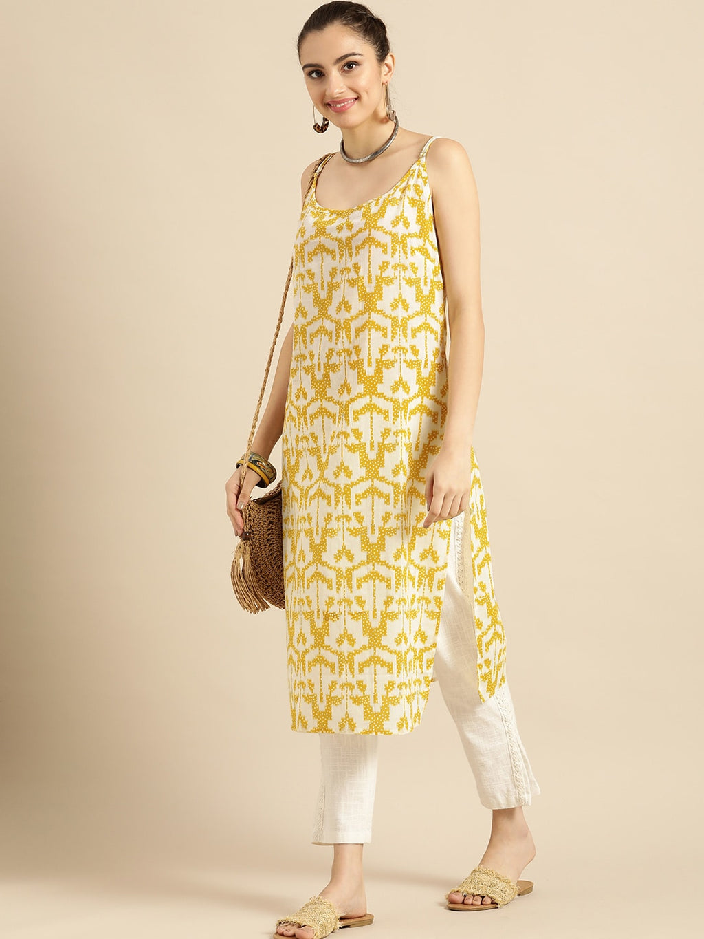 Sangria Women Mustard Yellow & Yellow Printed Cotton Kurta | Grocsy