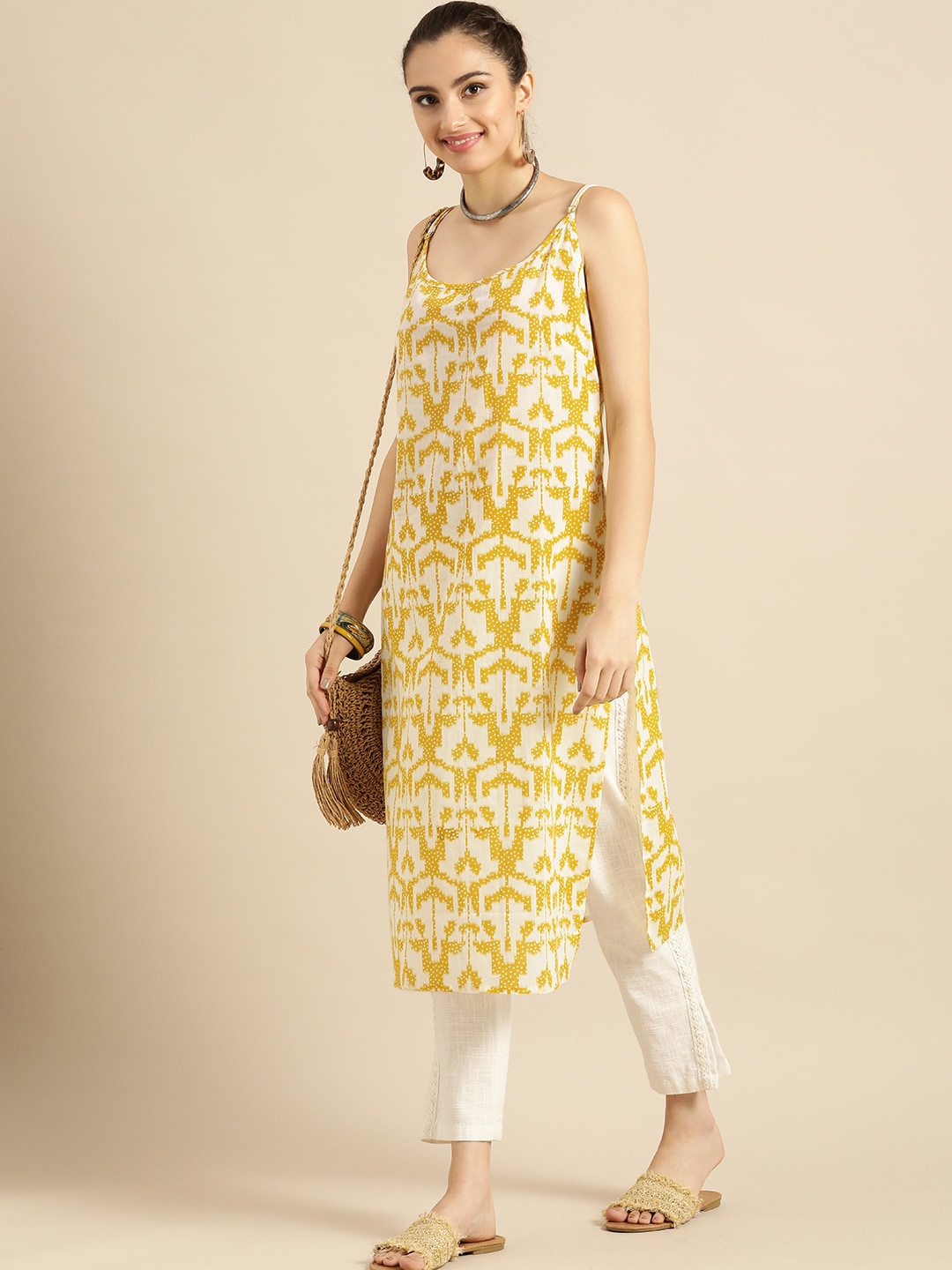 Sangria Women Mustard Yellow & Yellow Printed Cotton Kurta | Grocsy