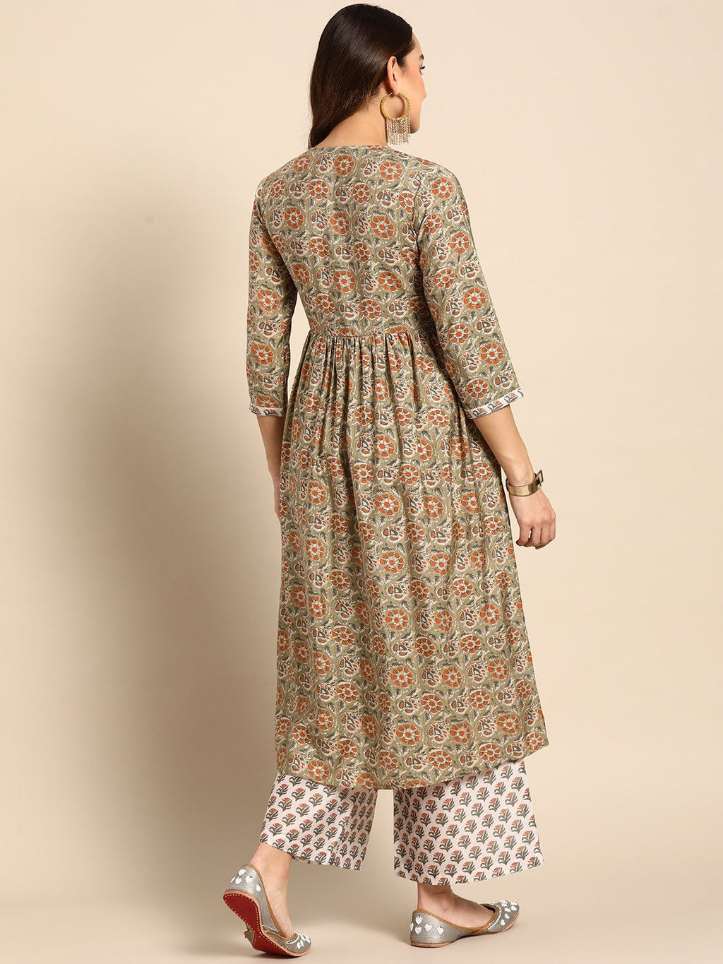 Sangria Women Olive Green Floral Printed Empire Kurta with Trousers | Grocsy