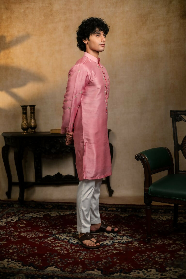 Falling Raw Silk Pink Gulab Pakshi Kurta Set By Hilo Design | Grocsy