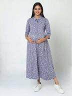 Manet Three Fourth Maternity Dress White Dot Print With Concealed Zipper Nursing Access - Blue | Grocsy