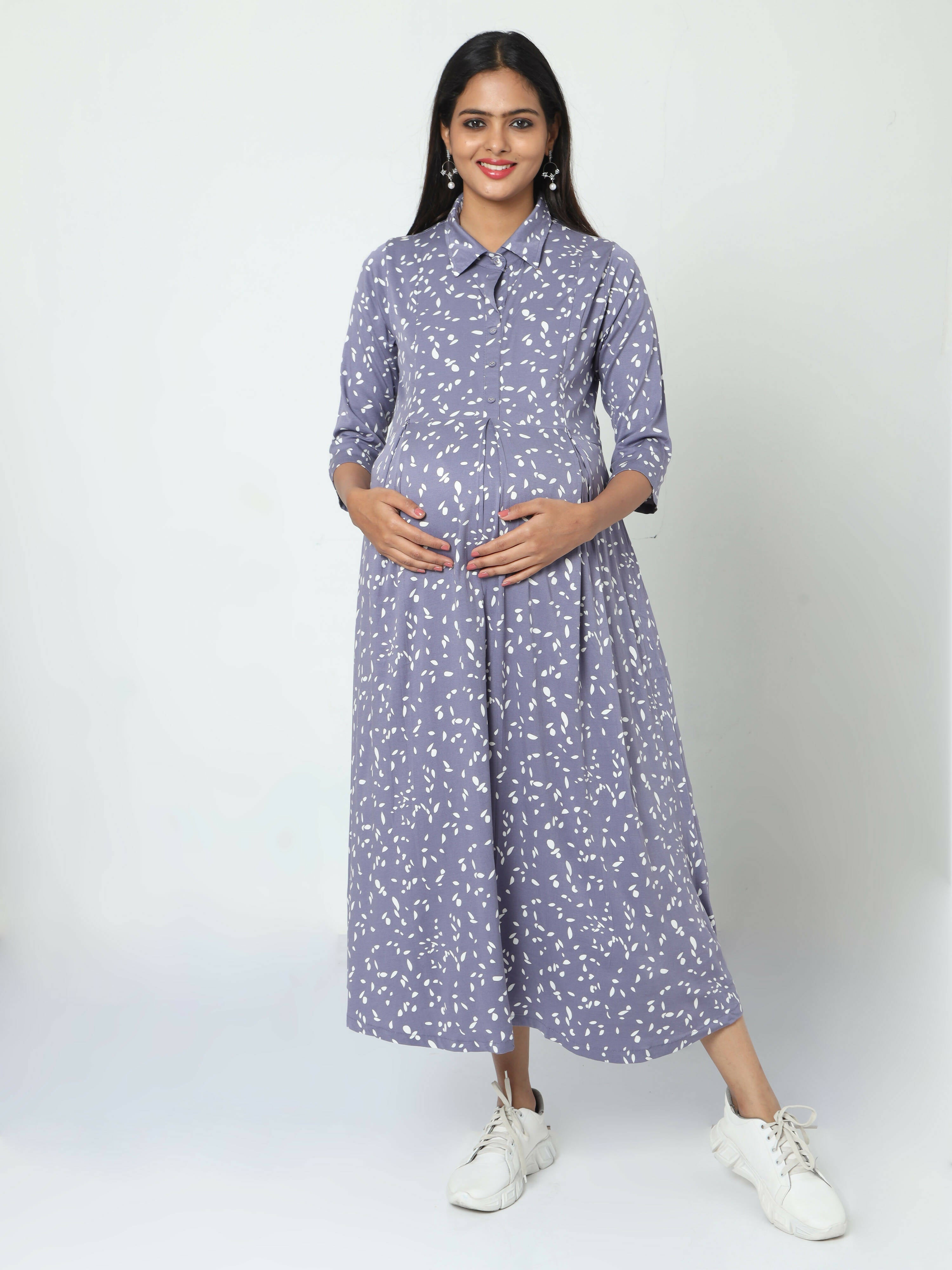 Manet Three Fourth Maternity Dress White Dot Print With Concealed Zipper Nursing Access - Blue | Grocsy