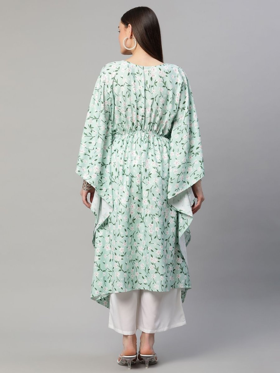 Ahalyaa Women Light Green Rayon Printed Flared Sleeve Kaftan Kurta | Grocsy