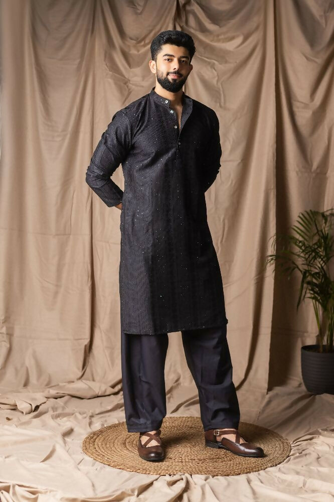 Black Rayon Thread Embroidery Work Kurta Set - Mahotsav | Grocsy