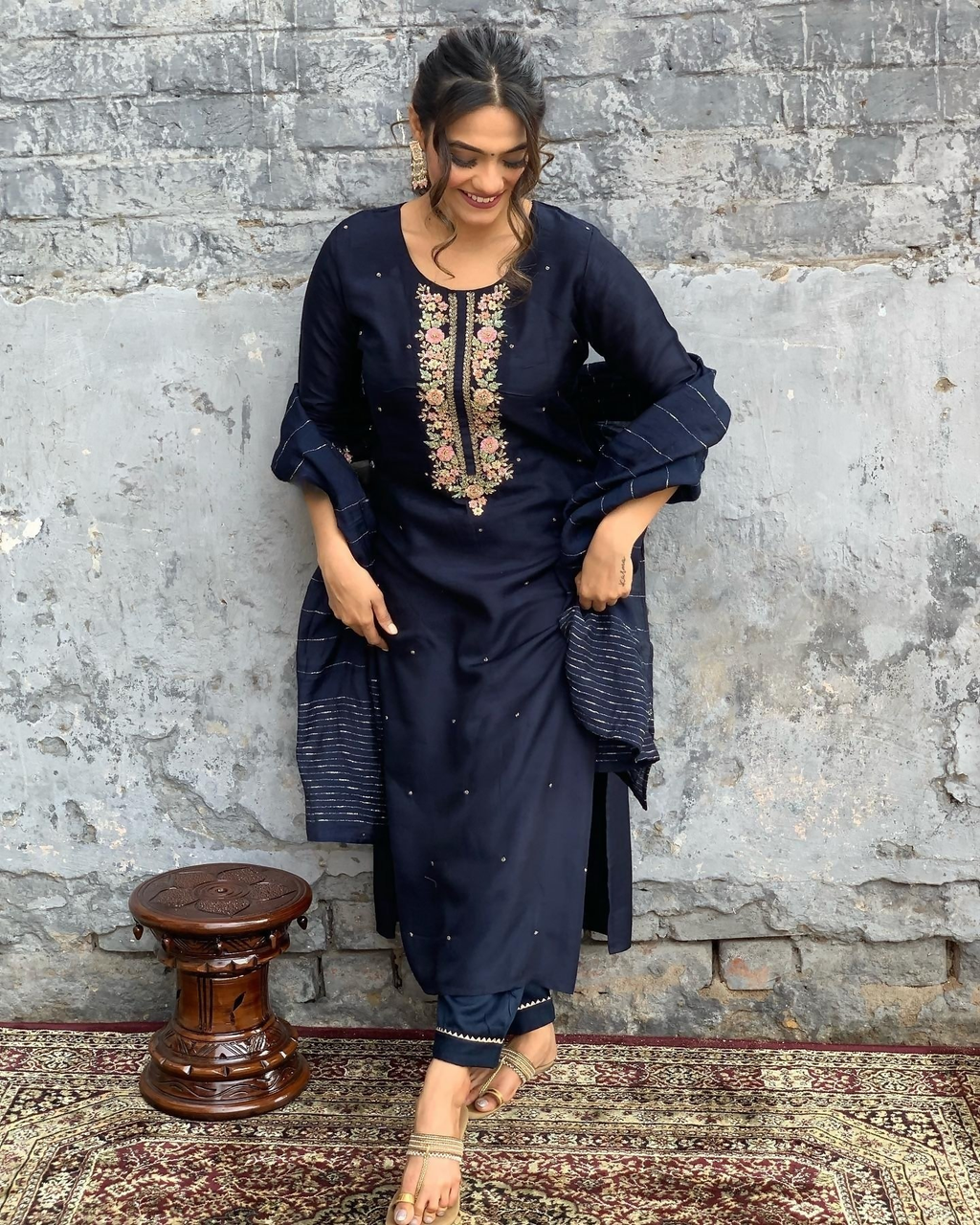 The52 Blue Women's Gorgeous Embroidered Viscose Chanderi Fabric Straight Kurta Pant with Dupatta Set | Grocsy