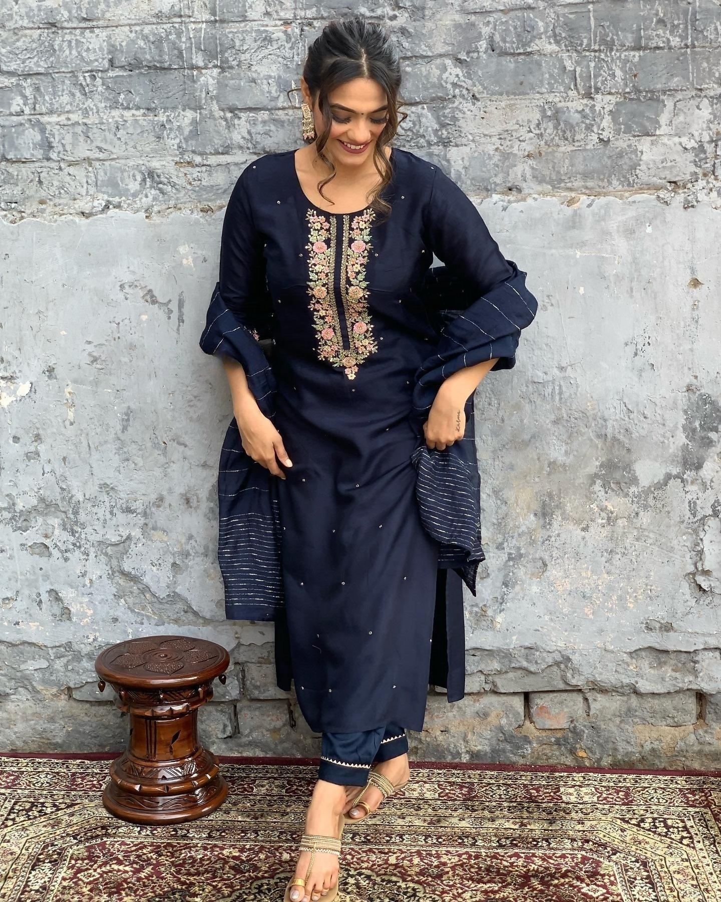 The52 Blue Women's Gorgeous Embroidered Viscose Chanderi Fabric Straight Kurta Pant with Dupatta Set | Grocsy