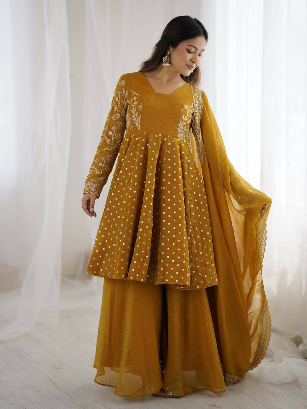Teeya Creation Women'S New Trendy Embroidery Sequence Work  Yellow Kurta Set | Grocsy