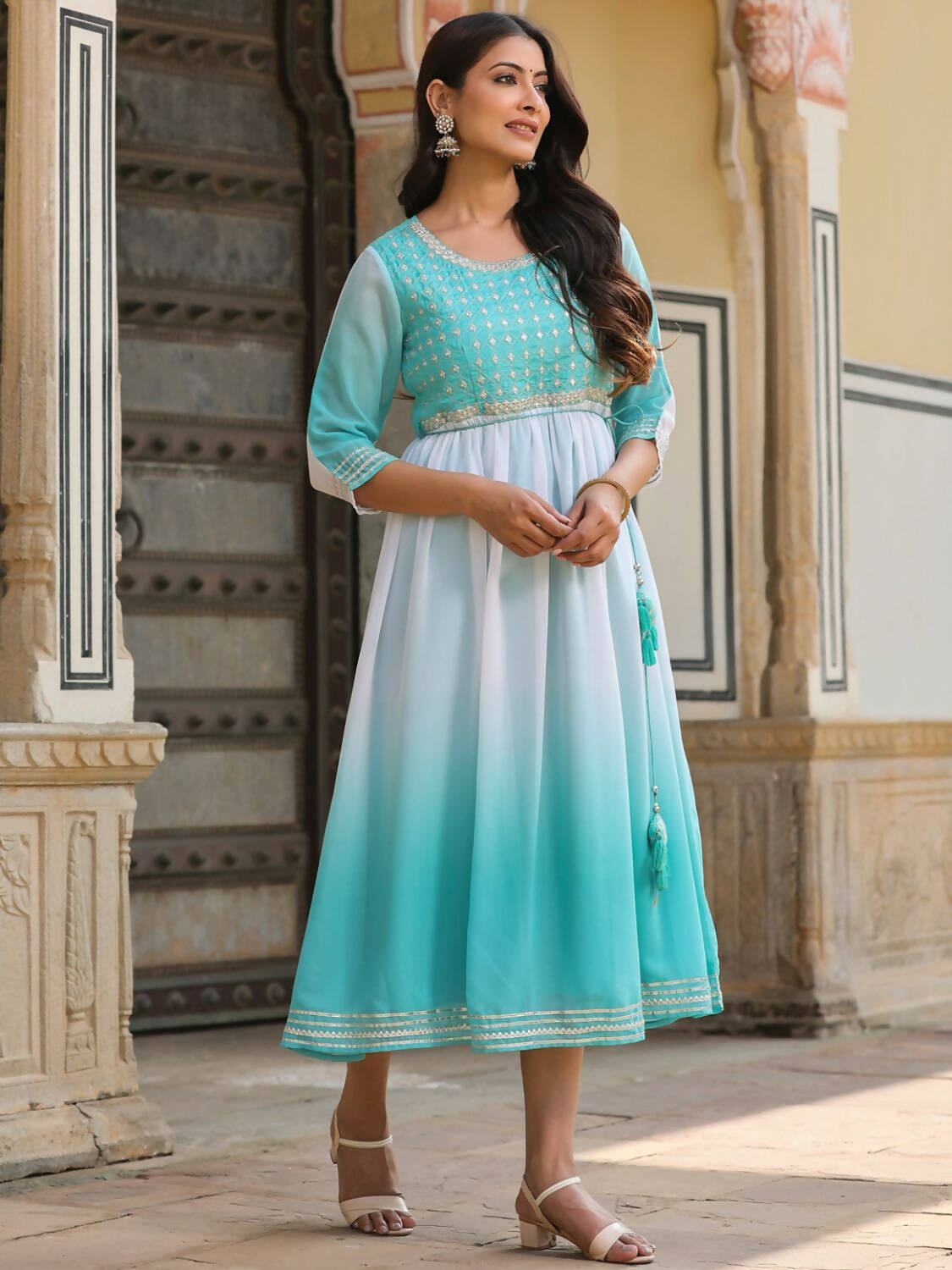 Juniper Women Teal Georgette Embroidered Maxi Dress | Grocsy