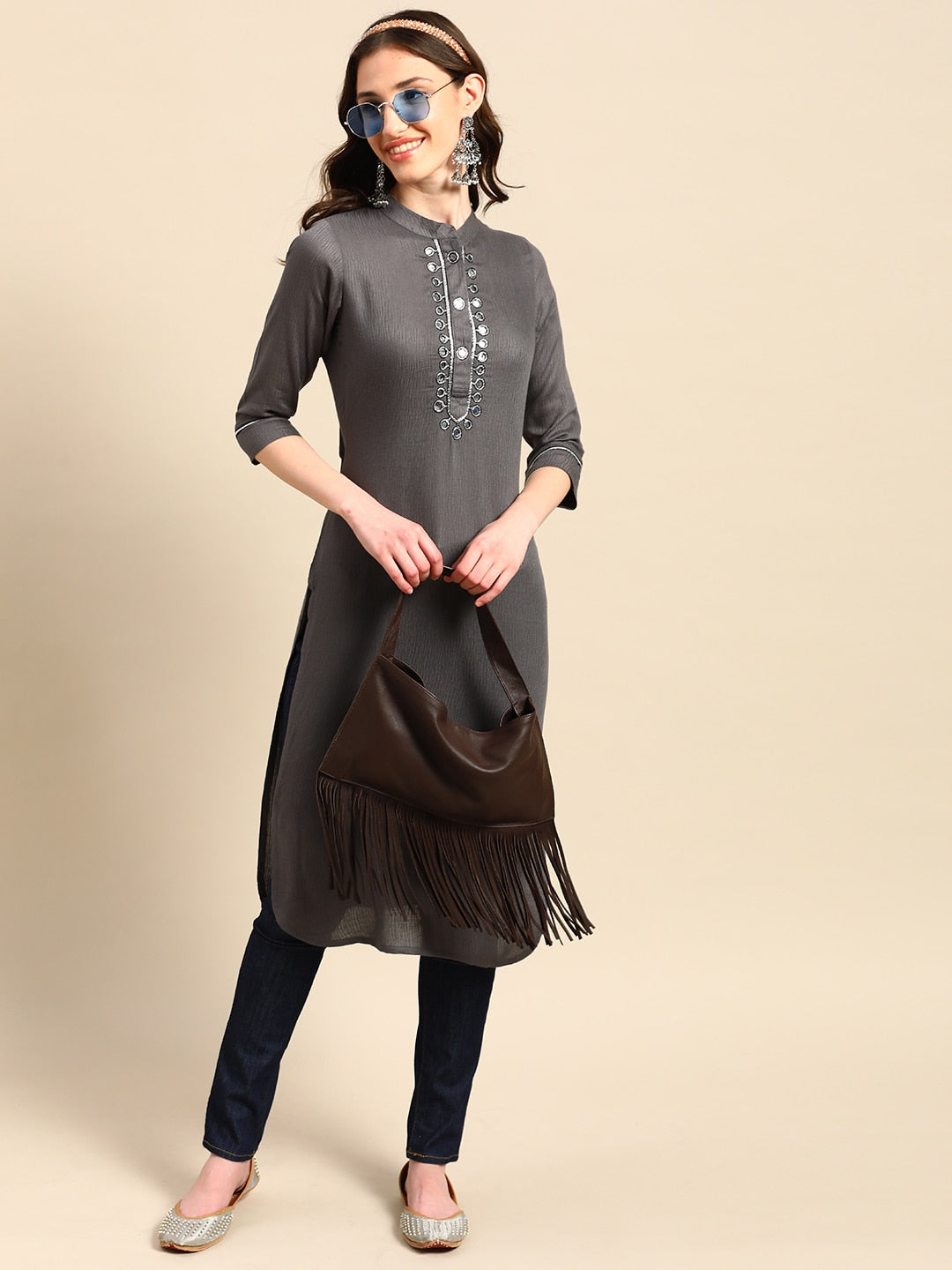 Sangria Yoke Design Mirror Work Kurta | Grocsy