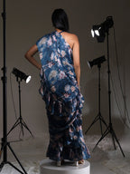Tikhi Imli Blue Floral Printed Satin Ruffles Saree | Grocsy