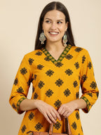 All About You Women Mustard Yellow Ethnic Motifs Printed Kurta with Green Printed Trousers | Grocsy