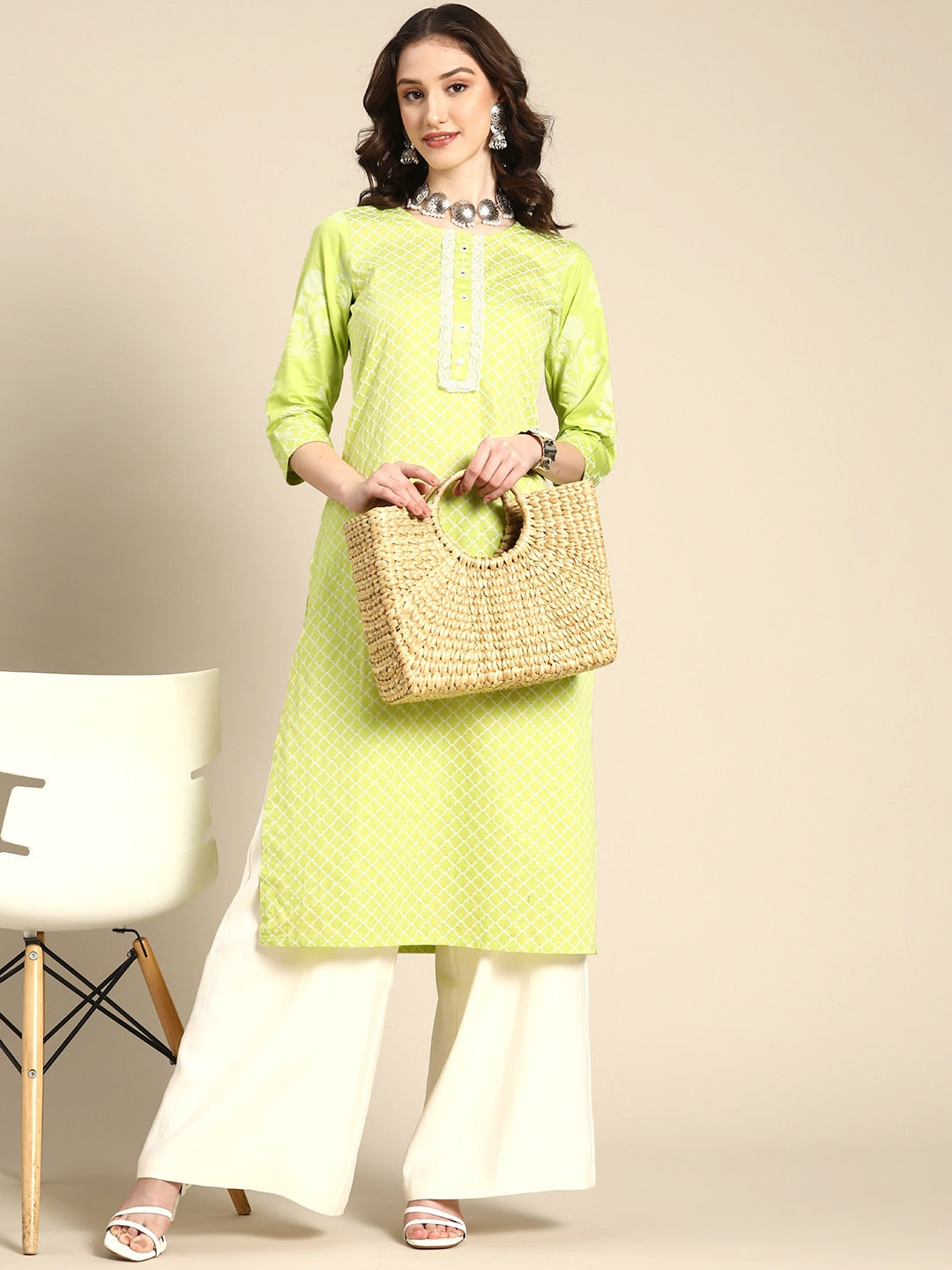 Sangria Women Lime Green Printed Satin Kurta | Grocsy