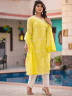 Sangria Yellow Embroidered Pure Cotton Straight Kurta With Trouser & Dupatta | Grocsy