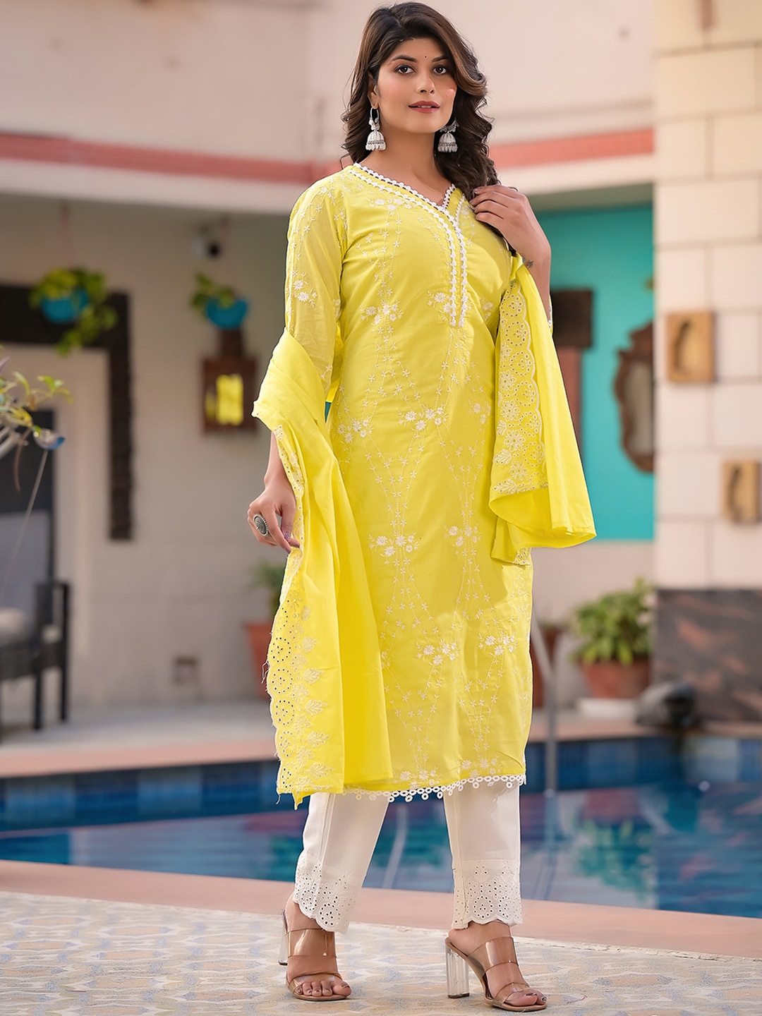 Sangria Yellow Embroidered Pure Cotton Straight Kurta With Trouser & Dupatta | Grocsy