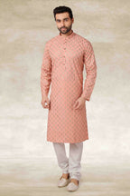 Raivat Ethnic Cotton Printed Work Kurta Pajama In Peach Colour | Grocsy
