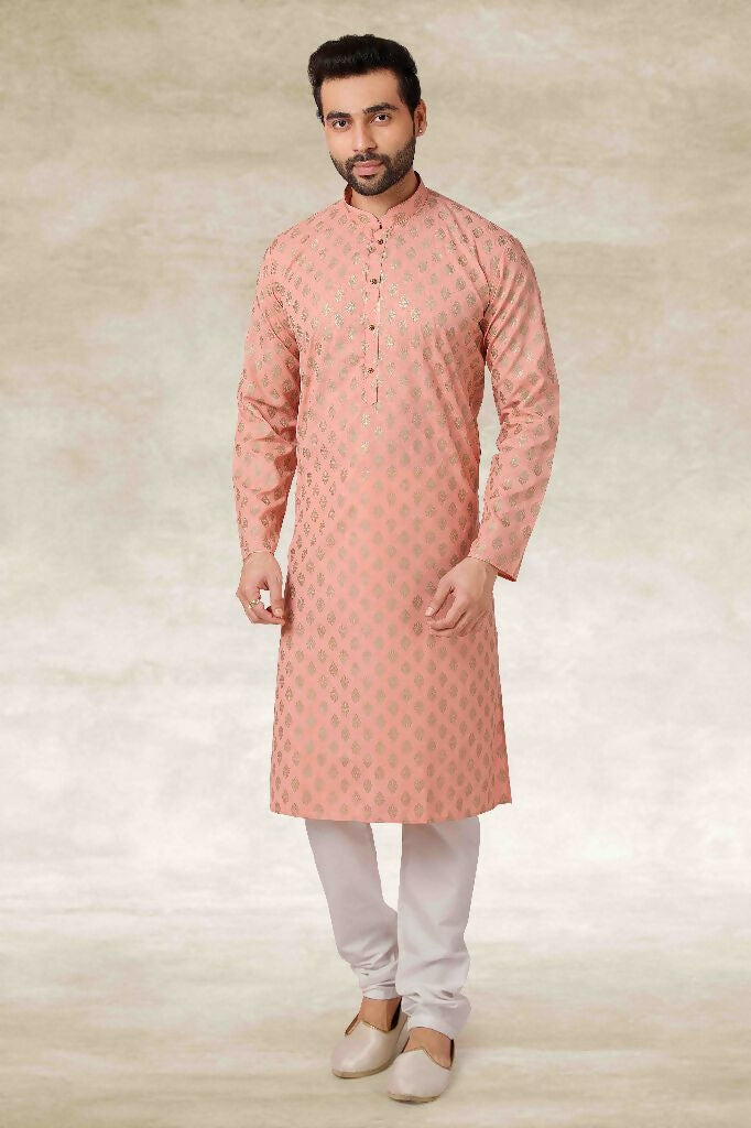 Raivat Ethnic Cotton Printed Work Kurta Pajama In Peach Colour | Grocsy