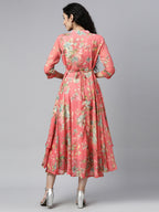 Souchii Pink & Green Floral Layered A-Line Midi Dress | Grocsy