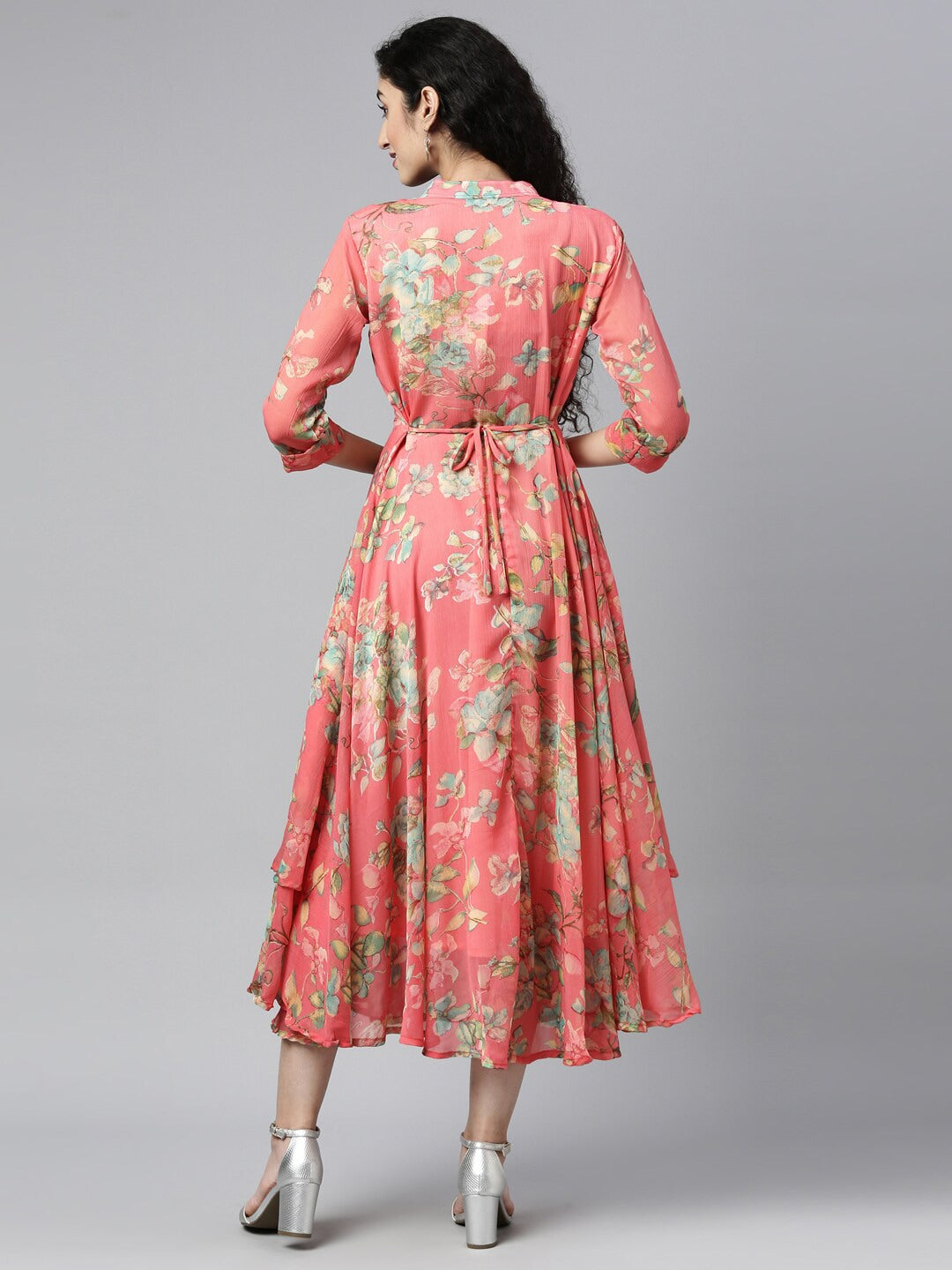 Souchii Pink & Green Floral Layered A-Line Midi Dress | Grocsy