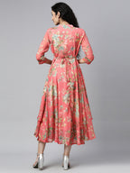 Souchii Women Pink & Green Floral Layered A-Line Midi Dress | Grocsy