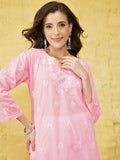ADA Women Pink & White Chikankari Embroidered Straight Sustainable Handloom Kurta | Grocsy