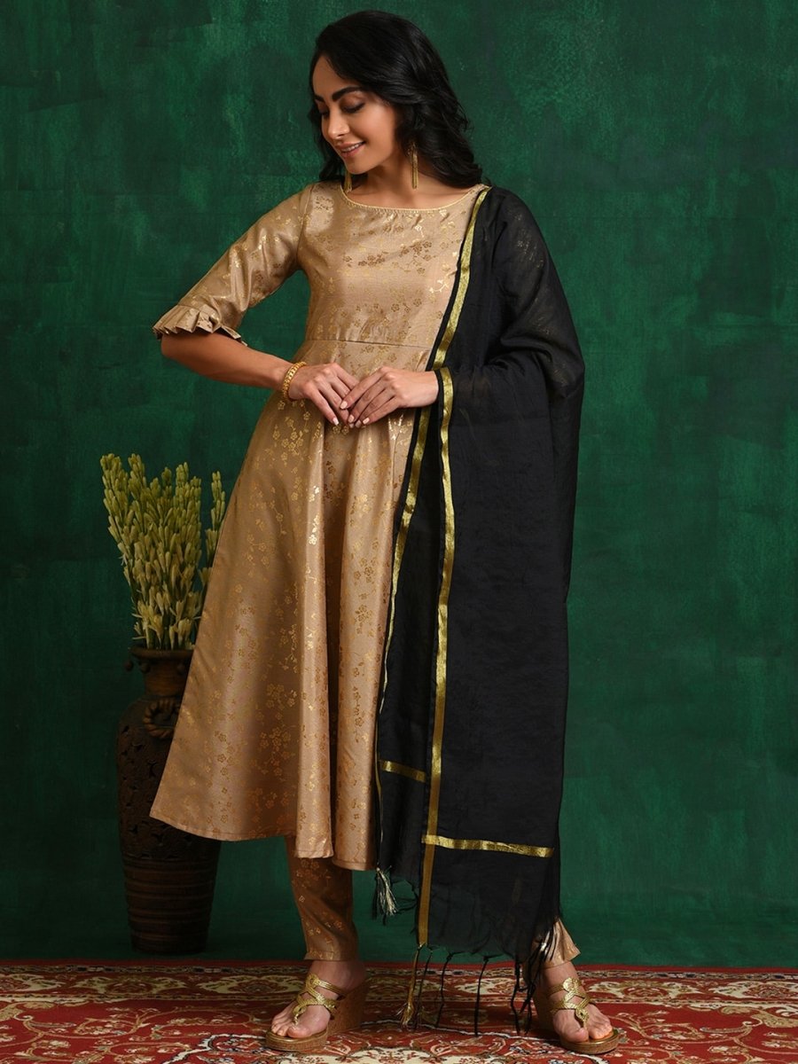 Aks Floral Printed Zari Anarkali Kurta With Trousers & Dupatta | Grocsy
