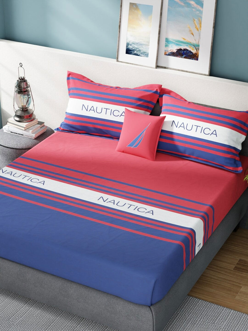 Nautica Bradford Red & Blue Striped 160 TC Pure Cotton King Bedsheet & 2 Pillow Covers | Grocsy