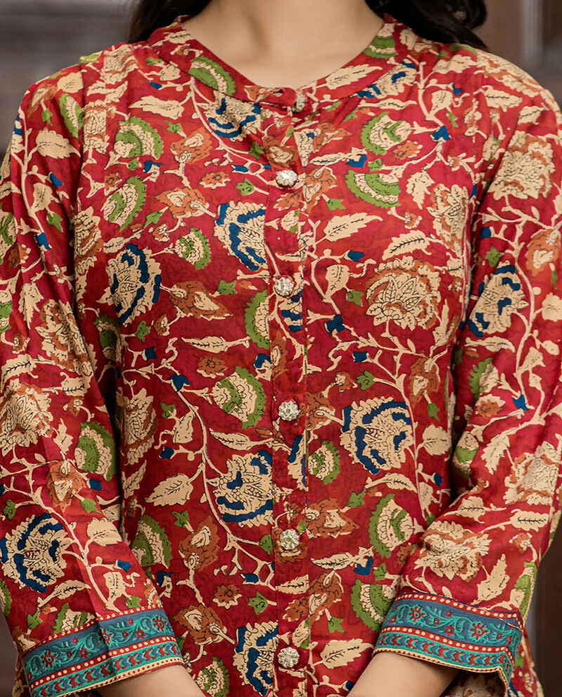 Kaajh Women's Maroon Floral Printed Viscose Rayon Kurta Pant Set | Grocsy