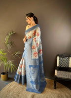 Joban Fashion Sky Blue Floral Motifs Banarasi Silk Sarees | Grocsy