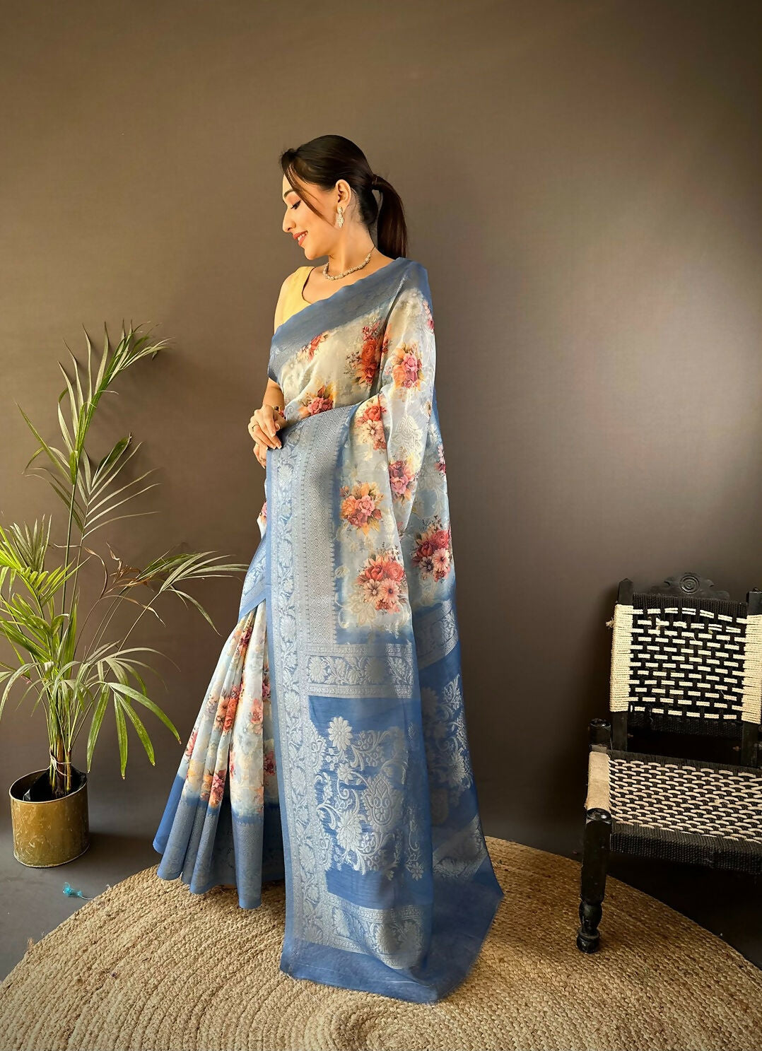 Joban Fashion Sky Blue Floral Motifs Banarasi Silk Sarees | Grocsy
