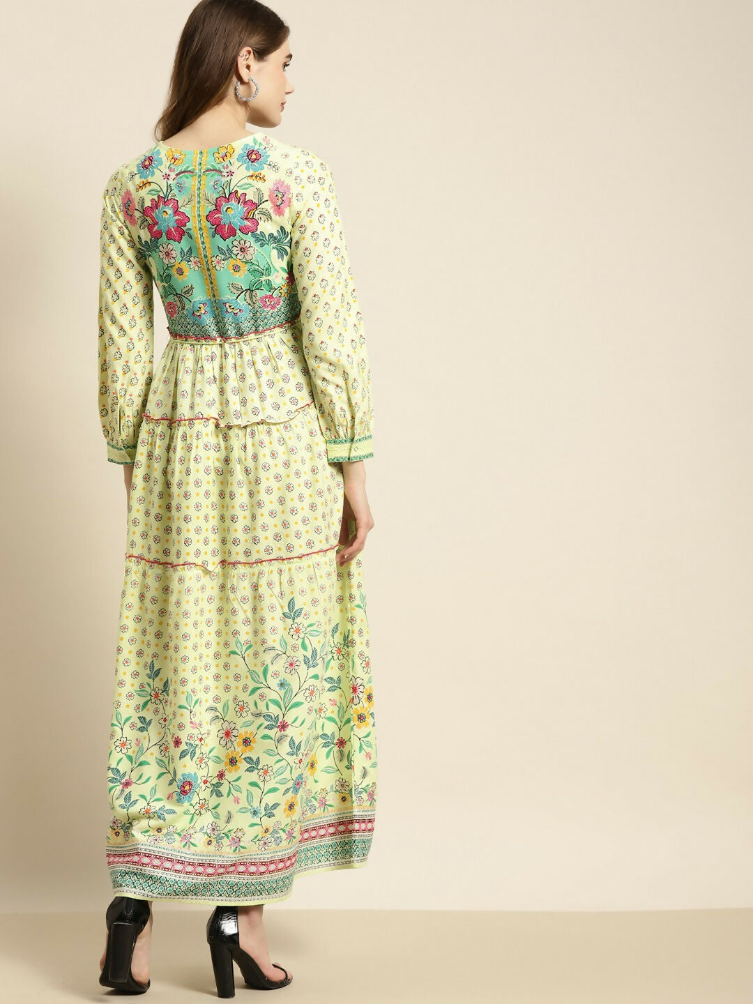 Juniper Lime Green Floral Printed Rayon Maxi Dress With Dori Tie-Up & Tassels On Waist | Grocsy