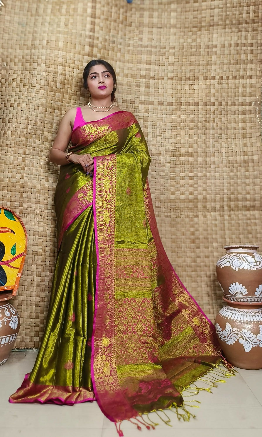 Exclusive Collection Golden Olive Beautiful Tissue Benarasi Saree | Grocsy