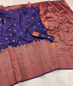 DEIANA'S Beautiful Designer Golden zari Soft Lichi Silk Saree - Navy Blue | Grocsy