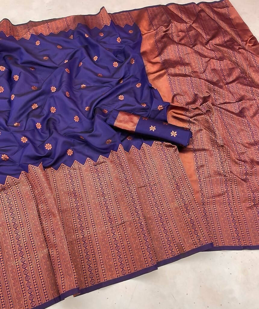 DEIANA'S Beautiful Designer Golden zari Soft Lichi Silk Saree - Navy Blue | Grocsy