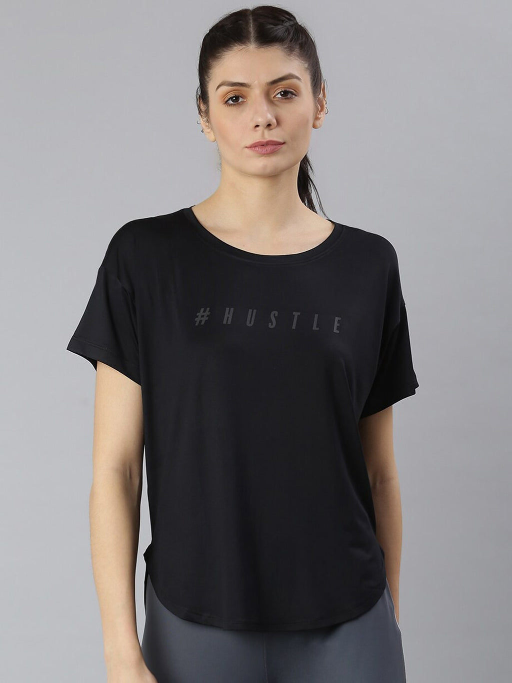 MKH Women Black Typography Printed Dri-FIT Sports T-shirt | Grocsy