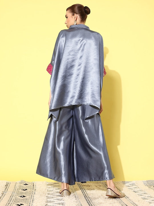 InWeave Women's Grey Pink Brocade Satin Boho Kurta Palazzo Set | Grocsy
