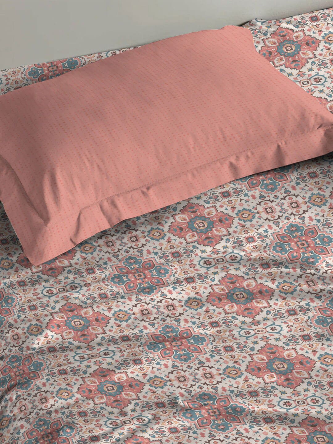 MYTRIDENT Dusk and Dawn Pink Ethnic Motifs Cotton 144 TC Single Bedsheet with 1 Pillow Cover | Grocsy