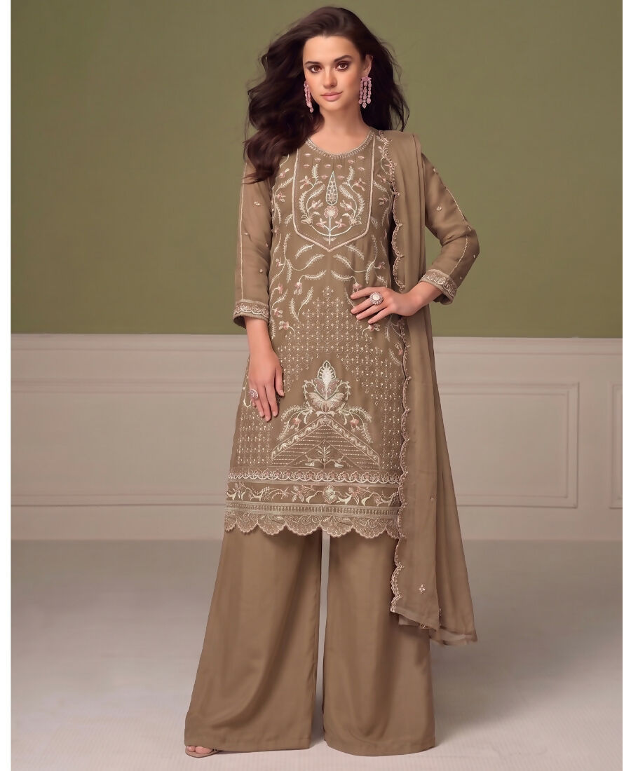 KC Beautiful Beige Chiffon Silk Hand Embroidery Suit For Women | Grocsy