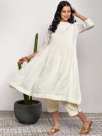 Sangria Women Off-White Printed Kurta with Crop Trousers | Grocsy