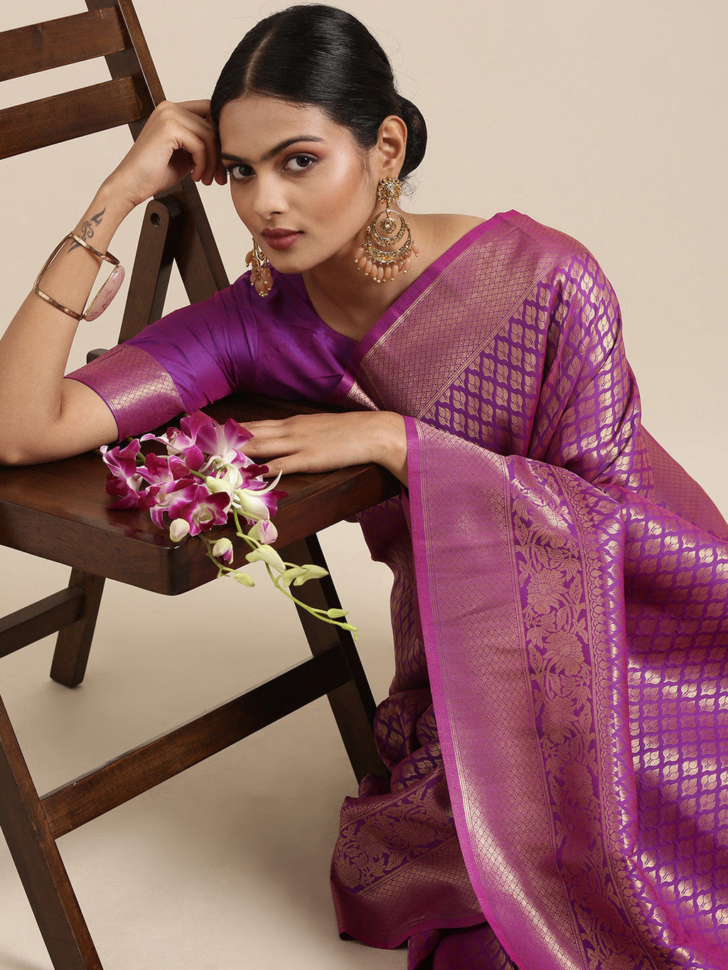 Saree Mall Purple Ethnic Motifs Zari Silk Blend Banarasi Saree | Grocsy
