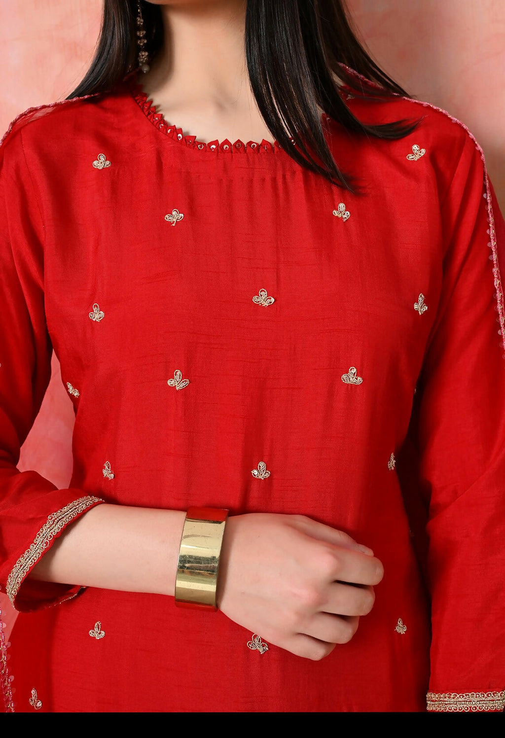 Joban Fashion Red Premium Pure Viscose Print Dola With Handwork Kurta Set | Grocsy