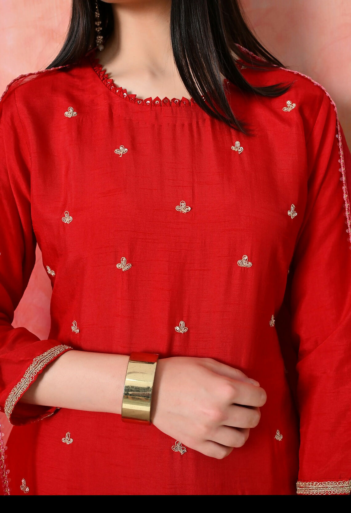 Joban Fashion Red Premium Pure Viscose Print Dola With Handwork Kurta Set | Grocsy