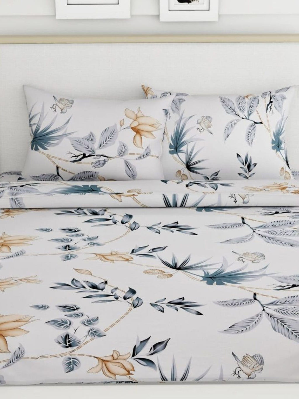 haus & kinder White & Grey Floral 186 TC Pure Cotton King Bedsheet & 2 Pillow Covers | Grocsy