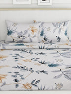 haus & kinder White & Grey Floral 186 TC Pure Cotton King Bedsheet & 2 Pillow Covers | Grocsy